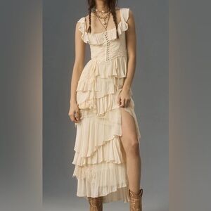 NWOT By Anthropologie Corset Tiered Lace Ruffle Dress - Ivory / Cream - Small